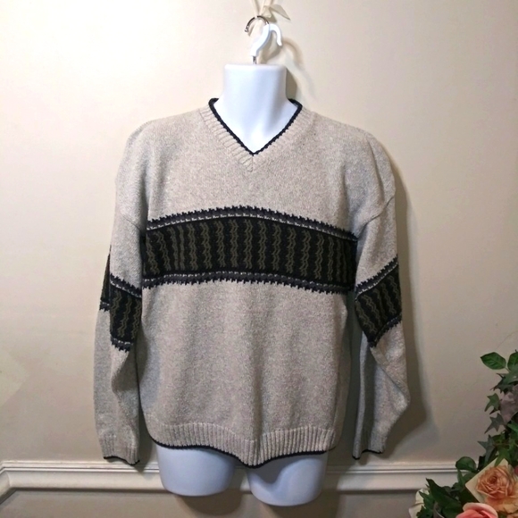 Vintage Liberty Sweaters Gray, White Marled Sweater With Olive/Navy Chest Stripe - Picture 8 of 8